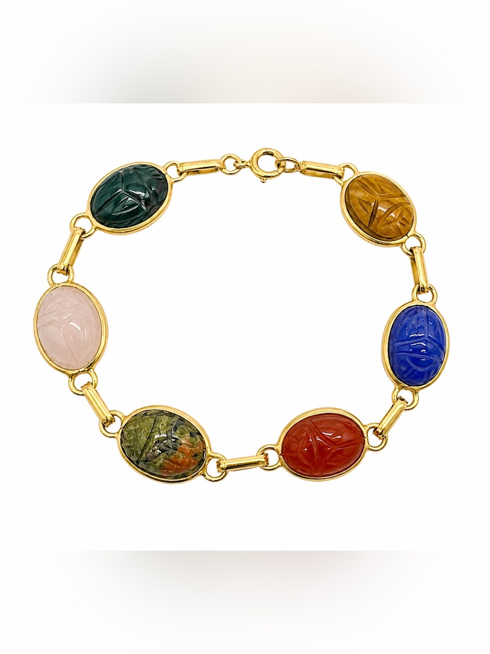 Vintage 14K Yellow Gold Egyptian Revival Scarab Bracelet Multi Gemstone 7 inch